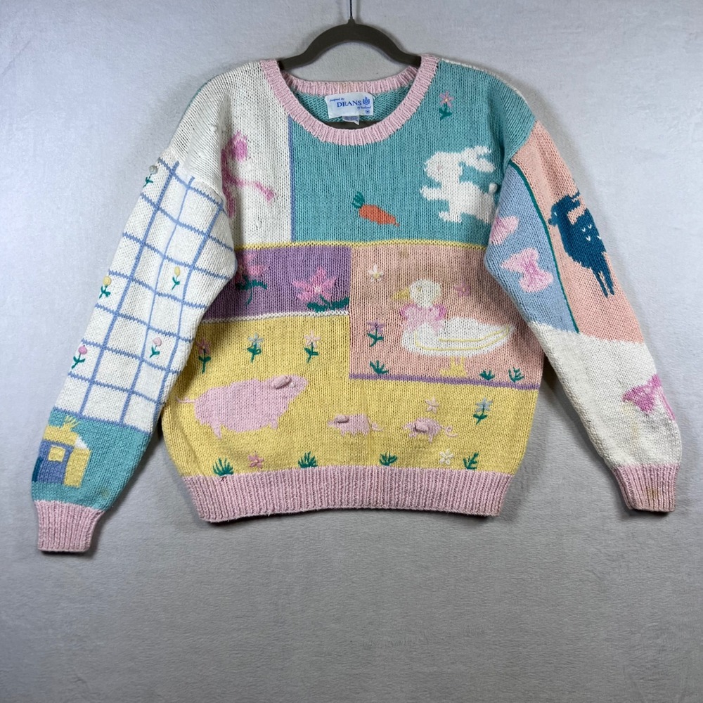 Vintage Deans of Scotland Pastel Patchwork Animal Knit Sweater Womens Medium